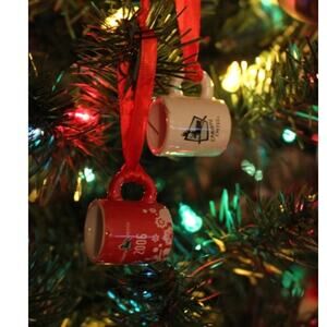 Caribou Coffee Ornament Mini Mug 2006 White Leaping Caribou and Snowflakes